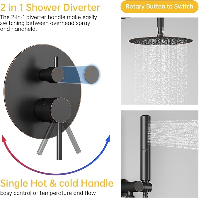 BESy Shower System with 10 Inch Round Rain Shower Head and Handheld Wall Mounted, High Pressure Rainfall Shower Faucet Fixture Combo Set with 2 in 1 Handheld Showerhead for Bathroom, Oil Rubbed Bronze
