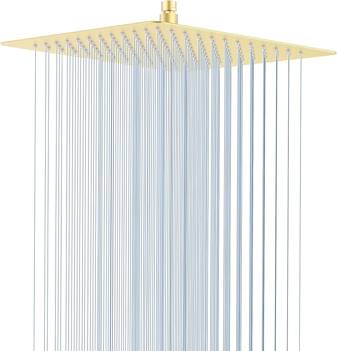 High Pressuer Square Rain Shower Head, Ultra Thin, SUS304 Stainless Steel, Universal Any Decorative Style, All Metal Rainfall Shower Head, Brushed Gold, 2.5 Gpm, 12 inch