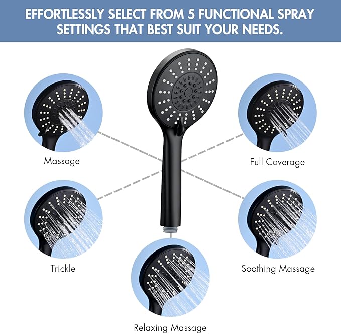 Adjustable Shower Slide Bar with 5-Function Handheld Shower Head, Stainless Steel Drill-free Mounted Slide Bar Combo with Extra Hose (Matte Black)