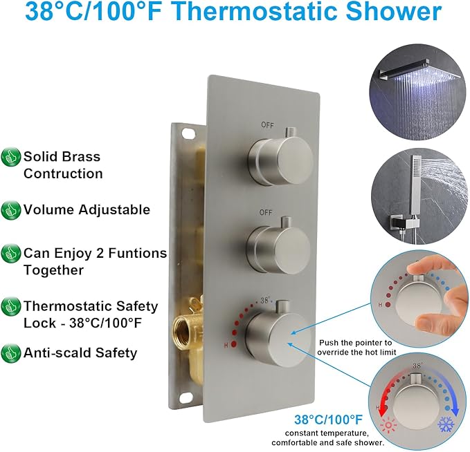 HOMEDEC Brushed Nickel 2 Way Shower Diverter Valve, Brass Dual Functions Thermostatic Shower Mixing Valve Kit 3 Handle Flow Control Valve, 3/4 Inch Inlet, Can Run Simultaneously