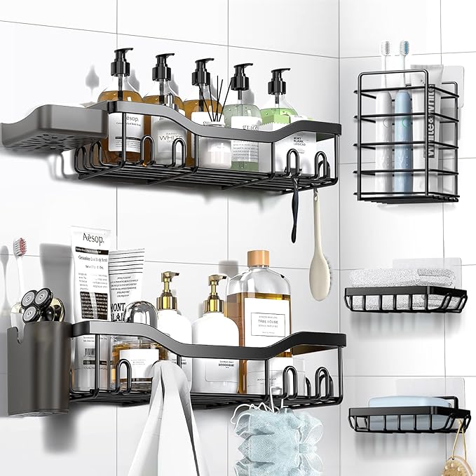 Shower Caddy Adhesive Shower Organizer 7-Pack, Rustproof Stainless Steel Bathroom Shelves, Large Capacity No-Drill Rack Storage Accessories with Soap Dish Toothbrush Holder &24 Hooks Home Decor