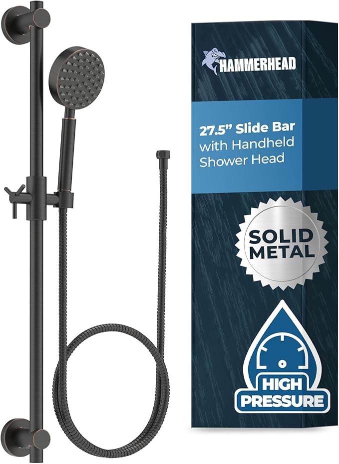 HammerHead Showers® Solid Metal 27.5 Inch Shower Slide Bar Set and Handheld Shower Head with Hose — OIL RUBBED BRONZE — 2.5 GPM High Pressure Spray Wand — Easily Adjust Height & Angle of Handshower
