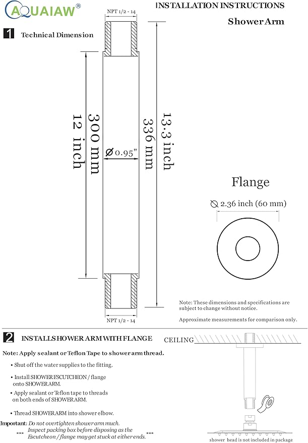 Aquaiaw Shower Arm and Anti-Scratch O-Ring Flange, Solid Brass, Both Soldered 1/2 NPT Tapered Threads, 12 inch Ceiling Mount Straight Rainfall Shower Head Arm Extension (Brushed Gold, Round)