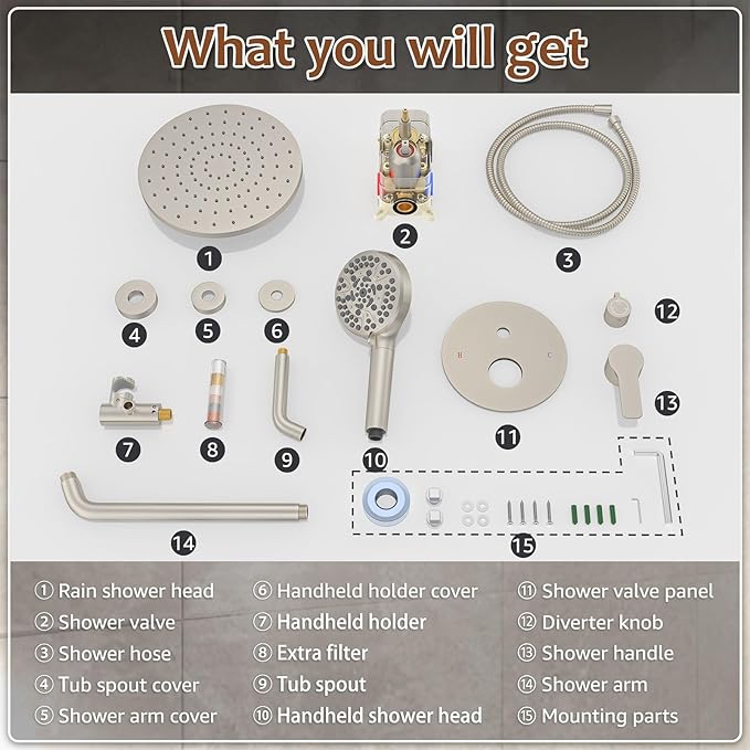 Iriber Brushed Nickel Bathtub Shower Faucet Set，Bathroom Shower System with Tub Spout ，Filtered Shower Head with Handheld, 9 Spray Mode Showerhead,Shower Valve Trim Kit Contain Cartridge,10 Inch