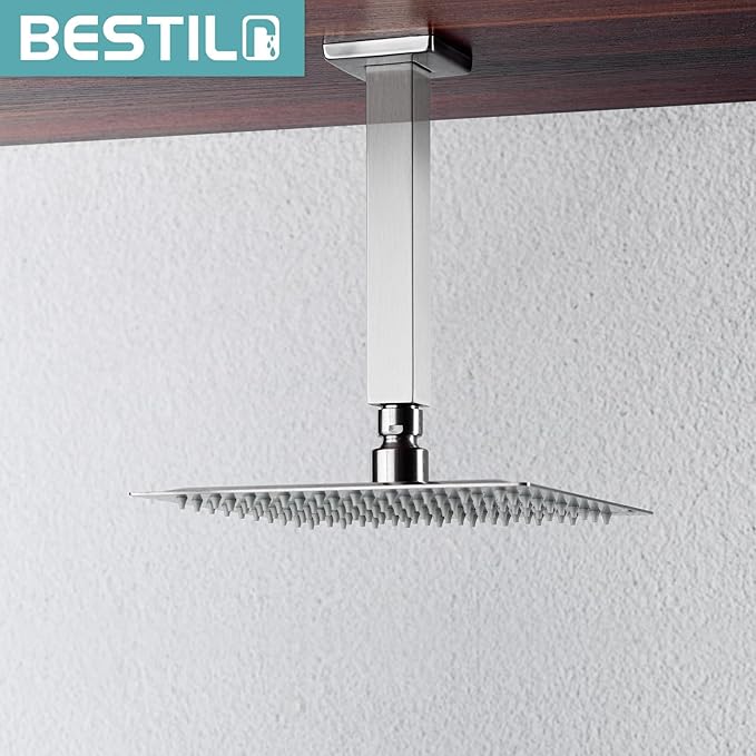 BESTILL 6 Inch Brushed Nickel Ceiling Mount Shower Arm and Flange, Square Rain Shower Arm