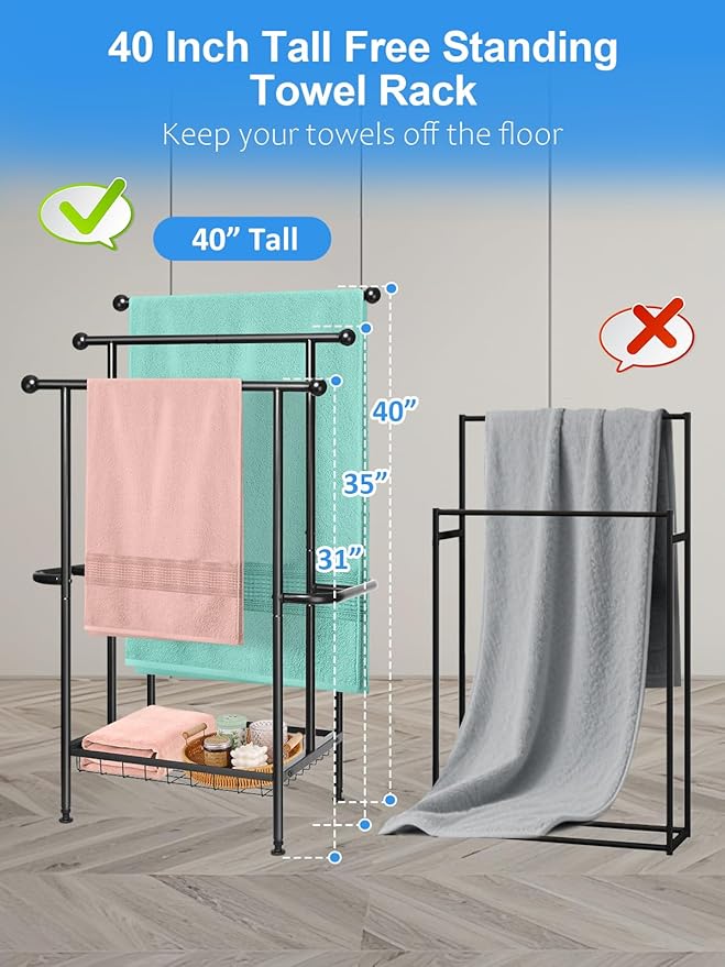 Freestanding Towel Rack, 3-Tier Heavy-Duty Metal Stand with Storage Baskets & Side Bars, Pool Towel and Blanket Holder, Indoor/Outdoor Drying Rack for Bathroom or Bedroom Towel Storage Accessories