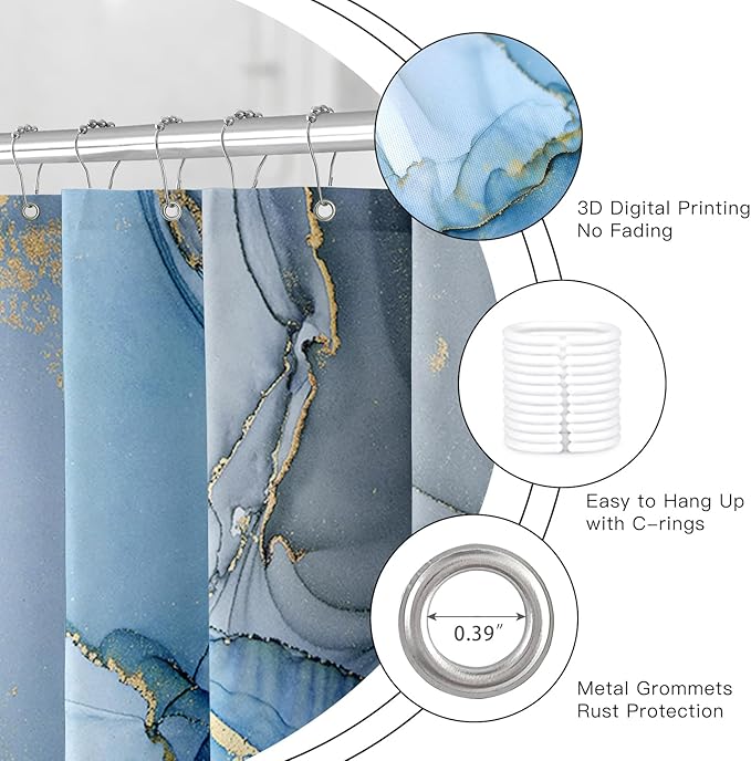 Blue Marble Shower Curtain, Modern Abstract Fabric Shower Curtains for Bathroom, Luxury Art Ink Texture Watercolor Shower Curtain Set with Hooks 72x72