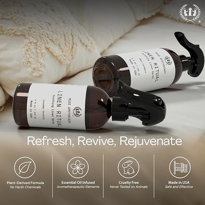 Muse Apothecary Linen Ritual - Aromatic, Soothing, and Relaxing Linen Spray for Bedding, Laundry and Fabric Spray Freshener - Infused with Aromatherapy Essential Oils - Lavender Serenity