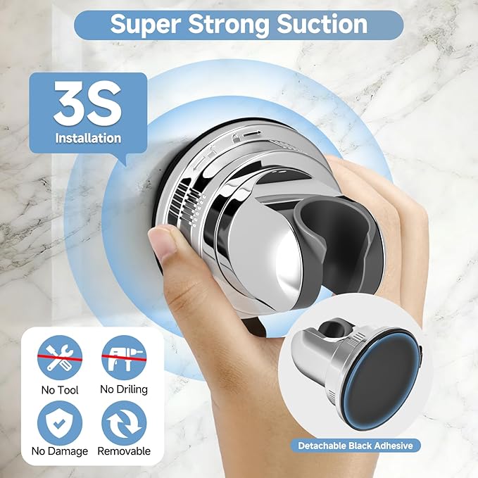 Suction Shower Head Holder，Removable Wall-Mount Handheld Shower Holder, No-Drill Adjustable Chrome Suction Cup 5-Angle Tilt & 360° Swivel