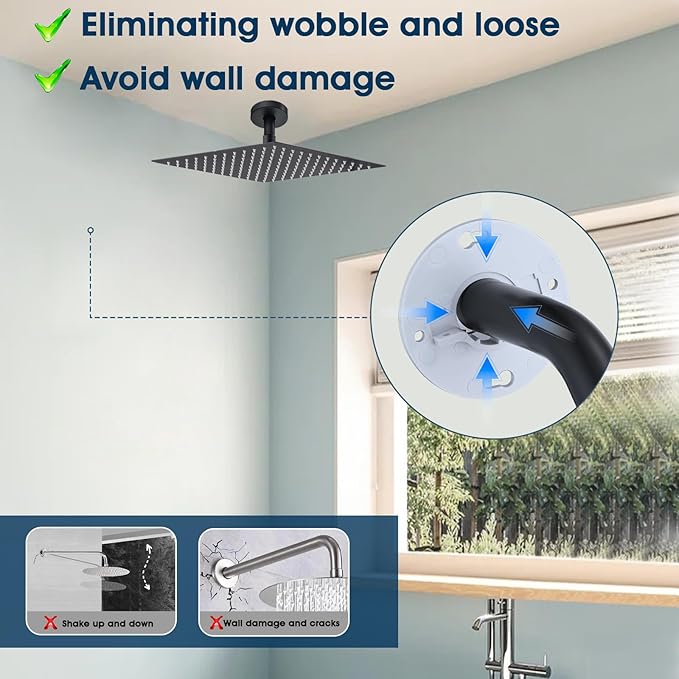 3 Inch Shower Arm with Flange and Stabilizer Bracket, Ceiling Mount Replacement Rain Shower Head 304 Stainless Steel Straight Arm For Fixed Shower Head, Matte Black
