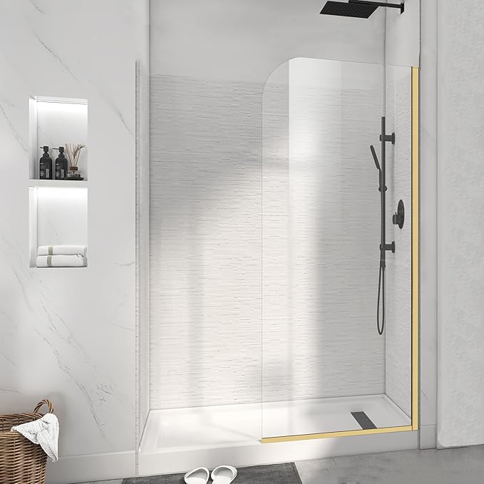 Glass Shower Panel, 32" W x 78" H Semi-Framed Fixed Shower Panel in Brushed Gold with 5/16"(8mm) Clear Tempered Glass Door, Simple Shower Door Panel for Bathroom