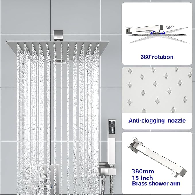 Lordear Rain Shower System 10 Inch Faucet Set Brushed Nickel Finish Stainless Steel Square Rainfall Shower Head with Handheld, Solid Brass Valve Included