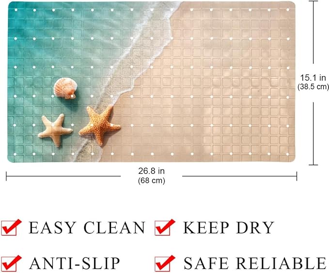 Bathtub Mats for Shower Tub, Anti-Slip Bath Mats for Inside Tub, Bathroom Shower Mats with Drain Holes and Suction Cups (Summer Beach Starfish Seashells Turquoise Water)