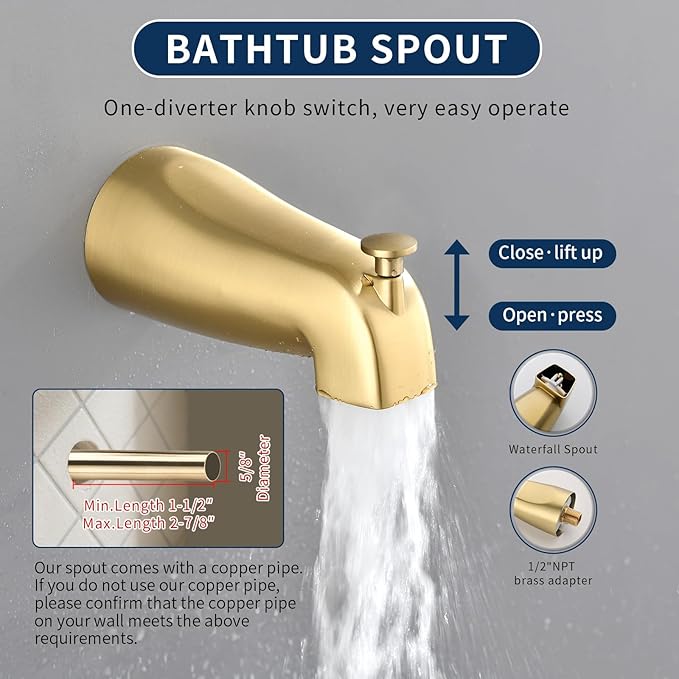Shower Tub Kit Tub Shower Faucet Combo Set Bathtub Faucet Set Shower System with Tub Spout Shower Valve and Trim Kit Shower Fixtures Brushed Gold