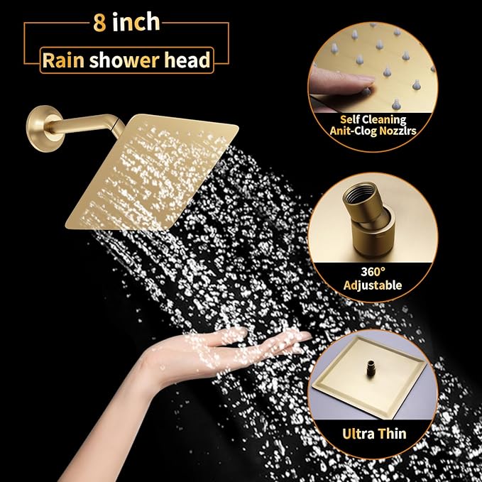 AYIVG Square 304 Stainless Steel 8 Inch Wall Mount Rain Shower head With Shower Arm And flange (Brushed Gold)