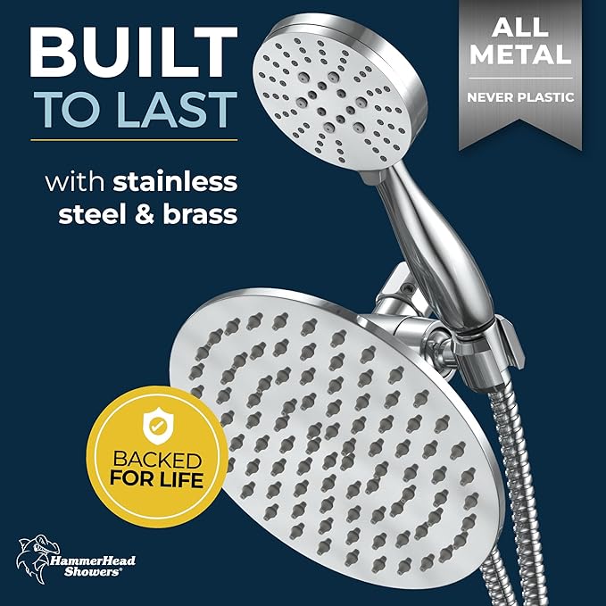 HammerHead Showers Dual Shower Head Combo, 8-Inch Rainfall & 3-Flow Handheld, Chrome, 2.5 GPM
