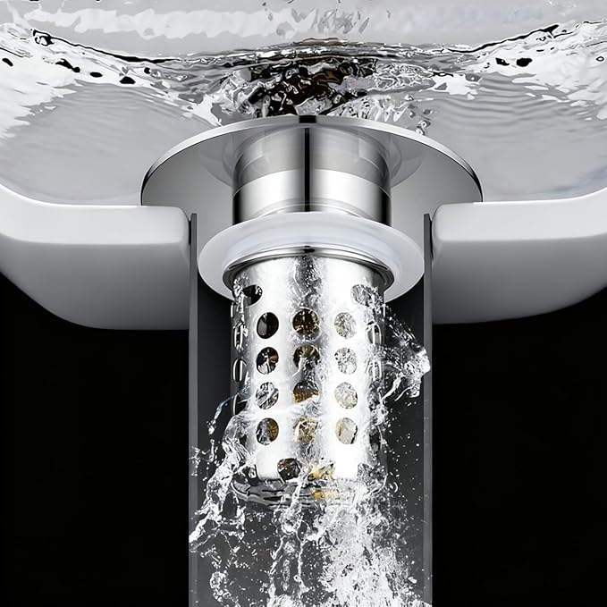 Beruth Bathroom Sink Stopper Hair Catcher, 304 Stainless Steel Pop Up Drain Strainer for 1.1''~2.36'' Basin, Upgraded Silent & Odor-Proof Design, Removable Filter Basket & Easy Install（All Metal）