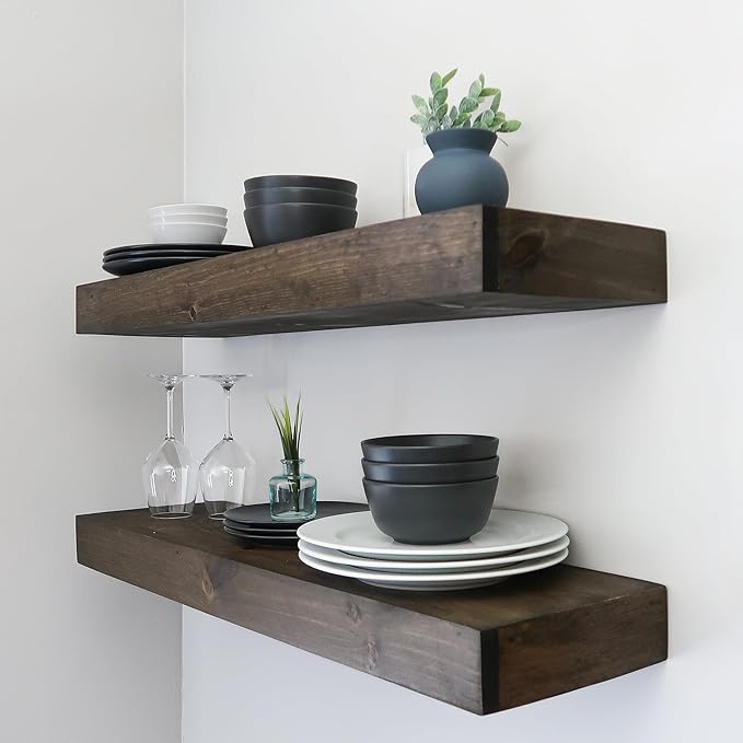 Urbandi Modern Floating Shelves 3 Inches Thick for Wall, Wide Shelves for Kitchen, Living Room, Bedroom, and Bathroom, Natural Pine Wood, Rustic Wooden Shelf, (Set of 2) (Jacobean, 36Lx3Hx6D)