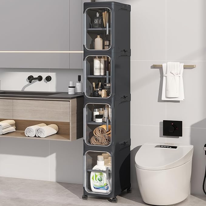 KHNR 4-Tiers Slim Bathroom Storage Cabinet, Foldable Storage Cabinets,Narrow Bathroom Storage,Movable Bathroom Storage Organizer for Small Spaces,Bathroom,Kitchen,Laundry,Black