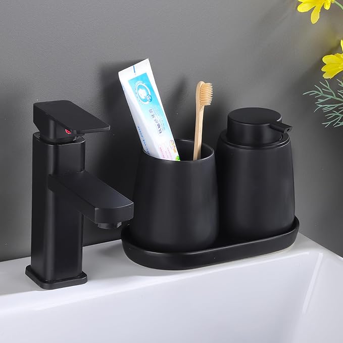 2 Pack Matte Black Round Soap Dispenser Tray - 8'' Ceramic Vanity Tray & Organizer Plate Set, Bathroom & Kitchen Countertop Decor for Soap Dispenser, Jewelry, Cosmetics, Sink