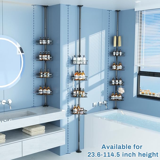 Rustproof Corner Shower Caddy Freestanding Tension Pole, 4 Large Baskets for Bathtub Shampoo Storage Organizer Bathroom Height Adjustable Shelves from 23.6 to 114.5 Inch with Towel Bar