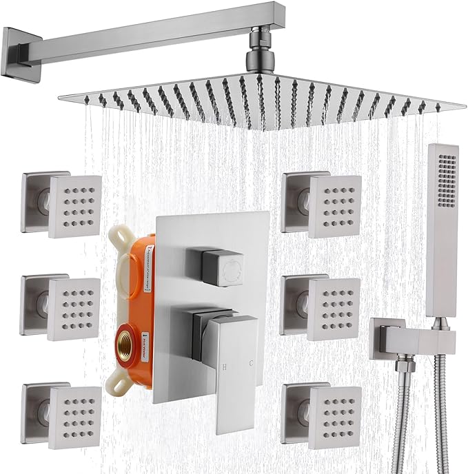 Enga Shower System with Body Jets 12 Inch Wall Mounted Rain Shower and Handheld Sprays Brass Full Body Massage Spa Jets Contain Rough-in Shower Valve, Brushed Nickel