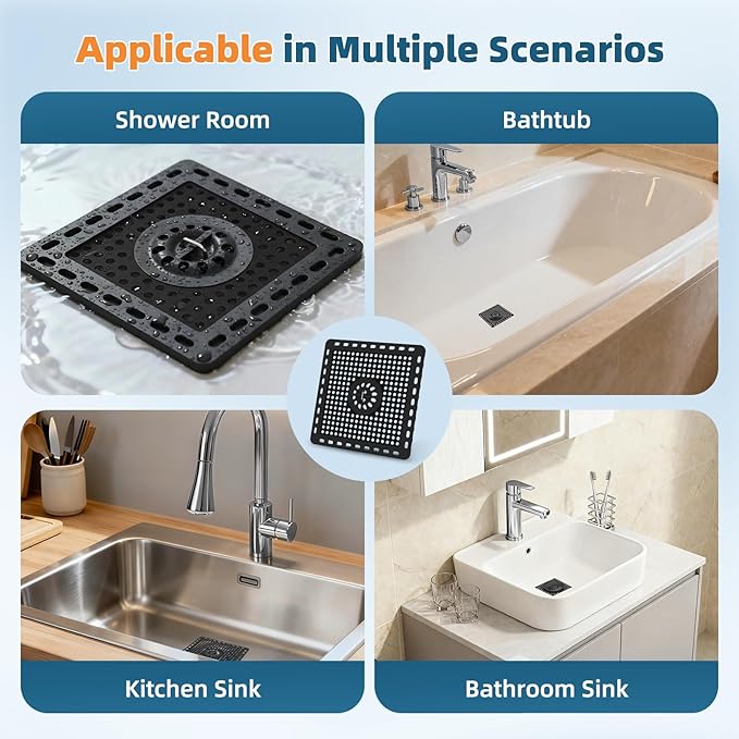 Hibbent Upgraded Shower Drain Hair Catcher, Shower Drain Cover for Bathroom Floor 6" Drain, Anti-Clogging Bathtub Drain Strainer, Stainless Steel Kitchen Sink Drain Strainer with Handle, Matte Black