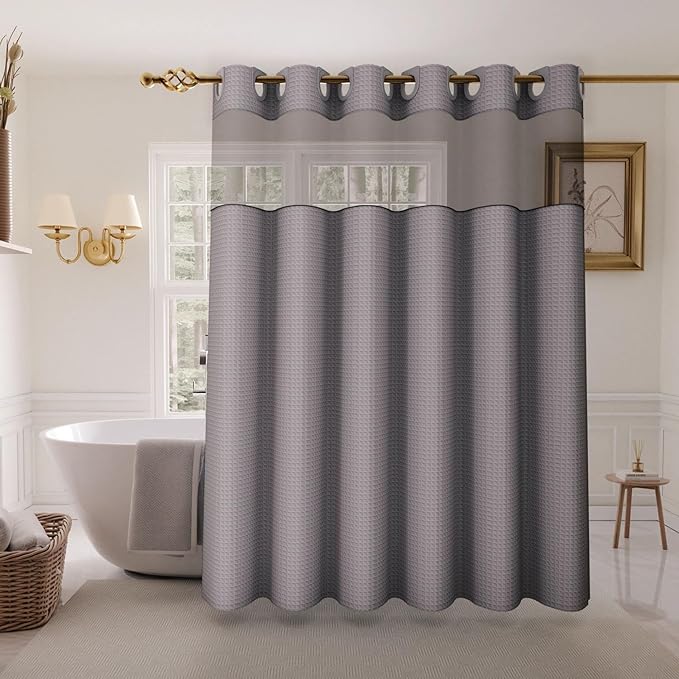 Inhousolu Extra Long No Hook Shower Curtain with Snap in Fabric Liner Set Waffle Weave 230GSM Weighted Hem, Waterproof & Washable Bathroom Curtain Spa Luxury with Mesh Top Window 72" W x 84" L Grey