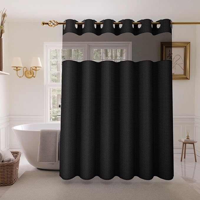 Inhousolu Stall No Hook Shower Curtain with Snap in Fabric Liner Set Waffle Weave 230GSM Weighted Hem, Waterproof & Washable Bathroom Curtain Spa Luxury with Mesh Top Window 36" W x 72" L Black