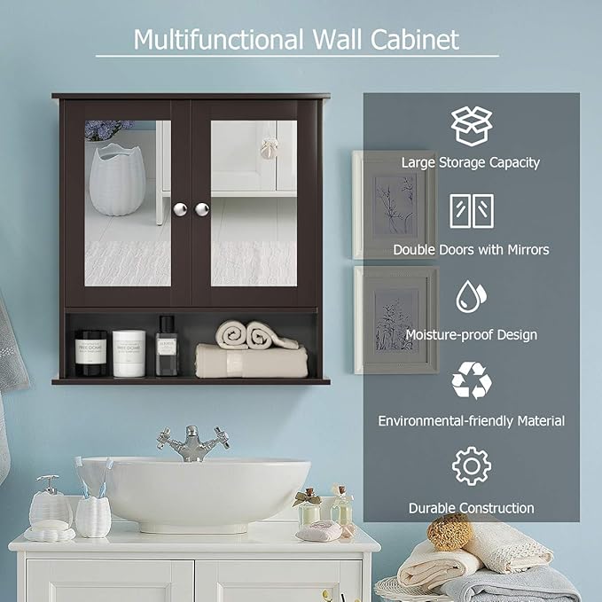 Tangkula Bathroom Medicine Cabinet with Mirror, Wall Mounted Wooden Hanging Organizer with Doors and Shelves, Bathroom Wall Mirror Cabinet (Mirror Doors, Brown)