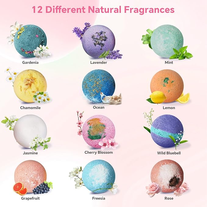 Bath Bombs for Women, 12 PCS Bath Set, Natural Bubble Bathbombs with Shea Butter, Dry Skin Moisturizing, Present for Christmas, Birthday, Valentine’s Day for Mom, Wife, Her, Girls