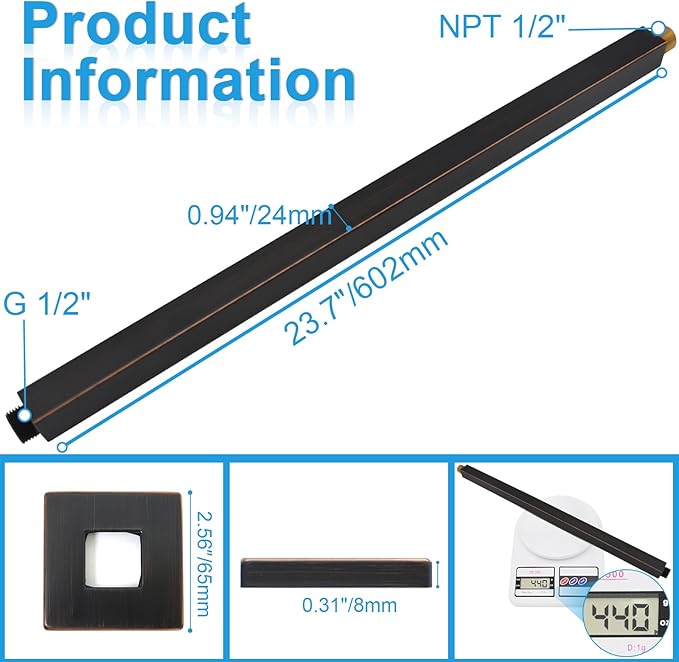 Shower Arm with Flange 24 Inches Ceiling Mount Square Straight Extender Extension Pipe Replacement, Extra Long Shower Arm For Fixed Rain Shower Head or High Ceiling, Oil-Rubbed Bronze