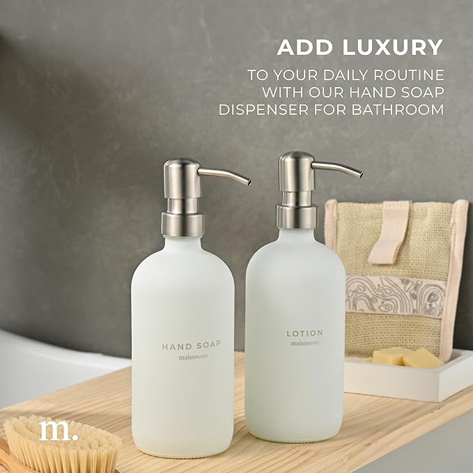 MaisoNovo Soap Dispenser 2-Piece Set | 16.9oz White Bottles with Silver Stainless Steel Pumps