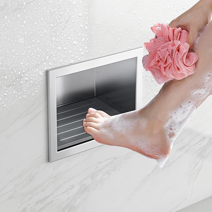Shower Foot Rest for Shaving Legs, 304 Stainless Steel Footrest Niche with Shaving Holder, Recessed Shower Niche for Shaving Legs, Brushed Nickel