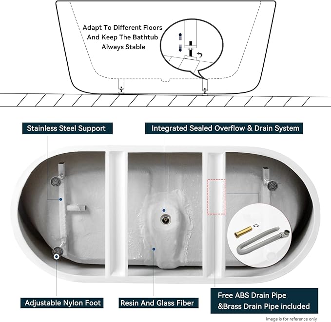 FerdY Santorini 67" Acrylic Freestanding Tub, Gracefully Shaped Contemporary Soaking Tub, Glossy White, cUPC Certified, White Toe-tap Drain and