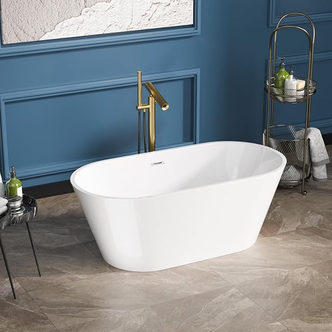 Sarlai 59 Inch Acrylic Freestanding Soaking Bathtub Contemporary Soaking White Tub Stand Alone Ergonomic Bathtub with Chrome Overflow and Drain