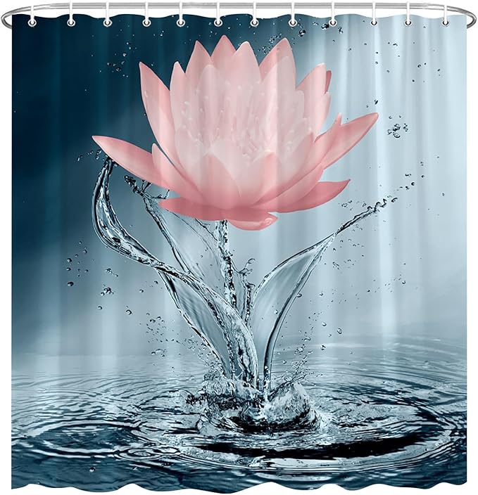 Lotus Shower Curtain Blue Red Flower Elegant Blooming Floral with Dew Spring Flower Reflection on Water Modern Romantic Polyester Fabric Bathroom Decor 70×78 Inch with Hook