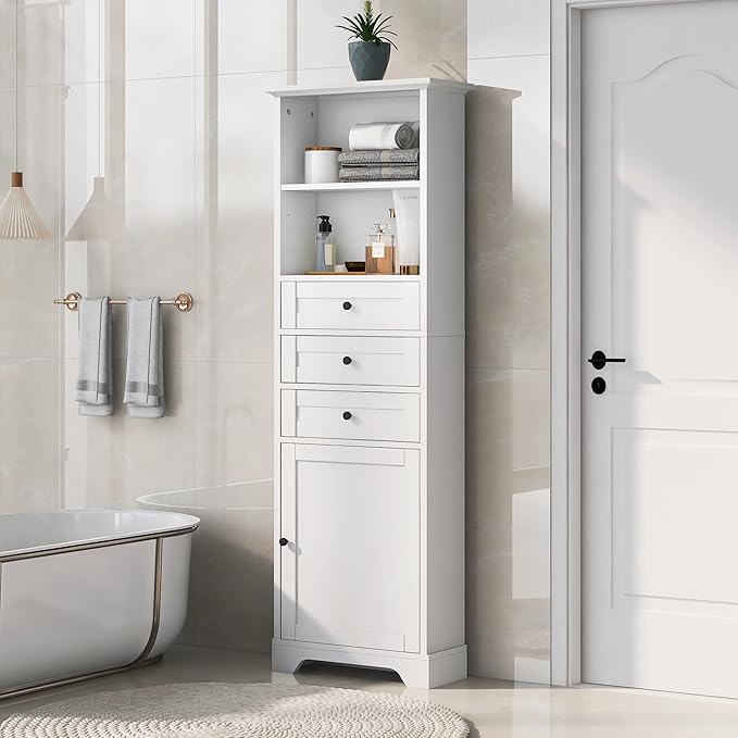 Favfurish 67" Tall Bathroom Storage Cabinet with Door and 3 Drawers,Modern Linen Cabinets w/Adjustable Shelf & 2-Tier Open Shelves,Freestanding Organizer for Bath Room,Study,Office,White