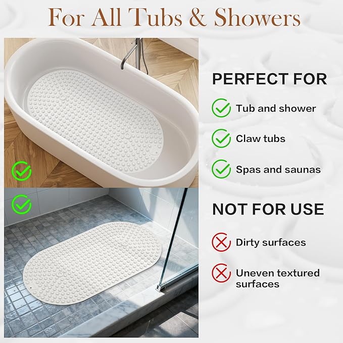 Silicone Push Pop Bath Mat with 391 Suction Cups, 33x17.3 Inch Non-Slip Tub Mat for Adults, Textured Surface for Extra Stability & Drainage, White Thickened Soft Shower mat Easy to Clean