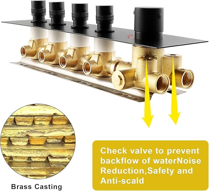 Brass Matte Black 4-Way Thermostatic Shower Diverter Valve - 4 Function Mixer with Individual On/Off Flow Control for Shower Arm & Kit