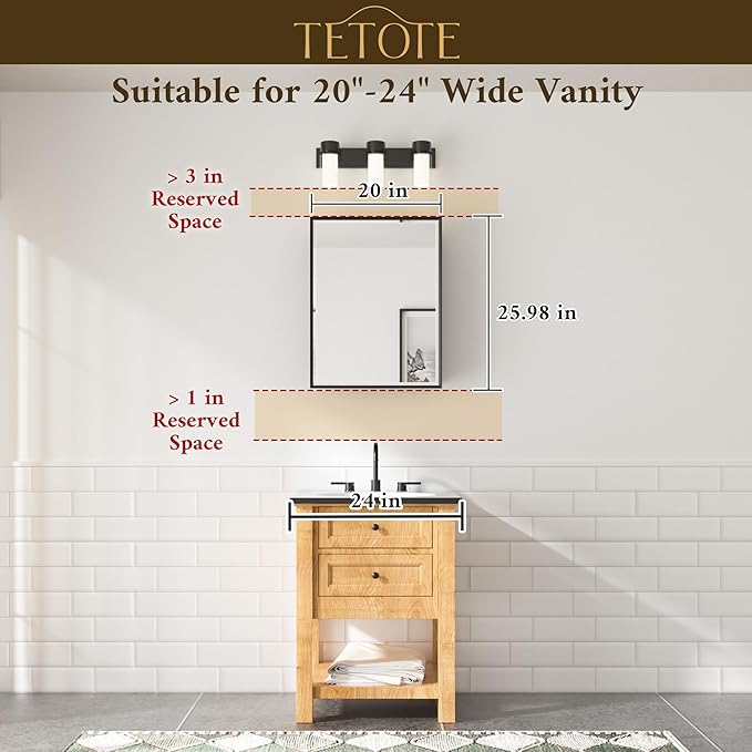 TETOTE 20" x 26" Recessed Medicine Cabinets Black Bathroom Storage with Mirror Beveled Edge Aluminum Frame Adjustable Shelves Wall-Mounted
