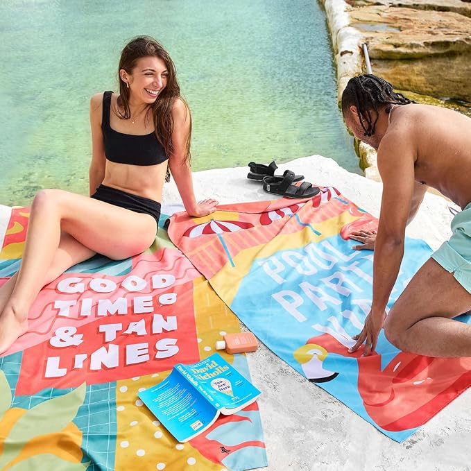 Dock & Bay Beach Towel - Quick Dry, Sand Free - Compact, Lightweight - 100% Recycled - Includes Bag - Good Times & Tan Lines - Extra Large (200x90cm, 78x35)