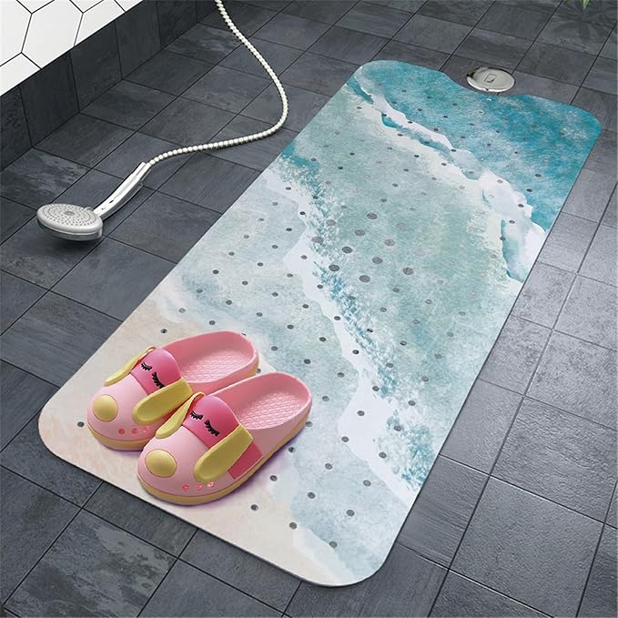 Beach Bathtub Mat Non Slip, Baby Bath Mat for Tub Rubber Tub Mat, Kids Bath Mats for Bathroom Ocean Waves Anti Slip Shower Mat with Suction and Drain Holes Machine Washable, 40″X16″
