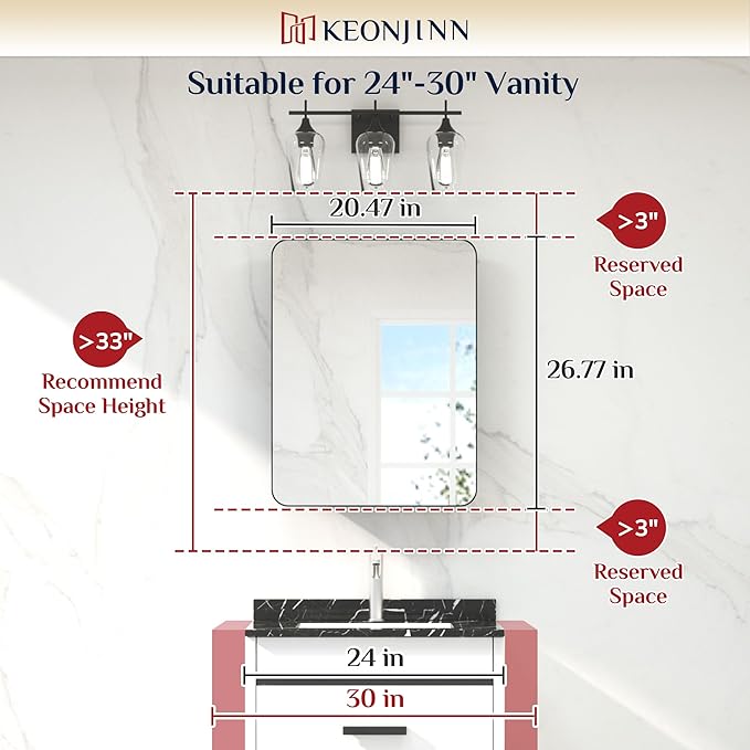 Keonjinn 20 x 26 Inch Brushed Nickel Recessed Medicine Cabinets, Bathroom Mirrored Medicine Cabinet, Brushed Nickel Stainless Steel Framed, Adjustable Shelves, In Wall or Surface Mount, Sturdy, Modern