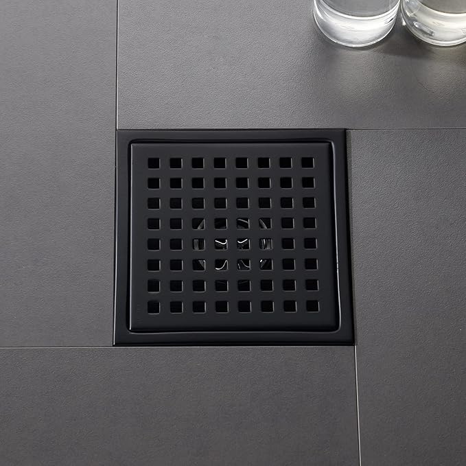 6 Inch Shower Drain Black Matte with Adjustable Shower Drain Base Flange SUS304 Stainless Steel Floor Drain Cover Removable Mesh Grille