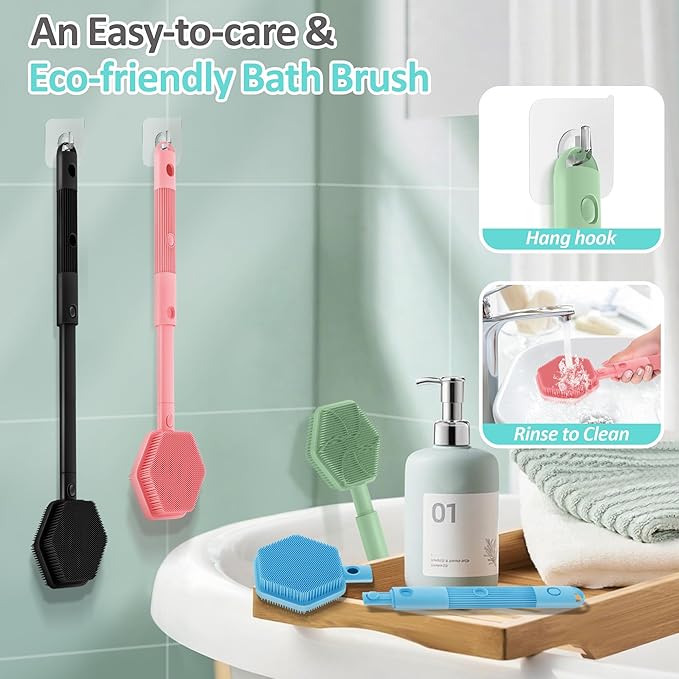 Silicone Back Scrubber & Soft Bath Glove 2PCS, 16''- 21''Extendable Back Scrubber with Dual-Side Large Head, 360° Anti-Slip Hand-fit Silicone Body Scrubber for Rich Foaming Deep Cleaning(Black)