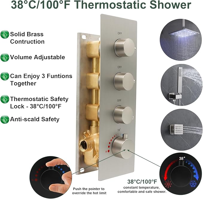 HOMEDEC 3 Way Shower Diverter Valve, 3 Outlets Multi Function Thermostatic Shower Brass Valve Can Run Simultaneously, Brushed Nickel