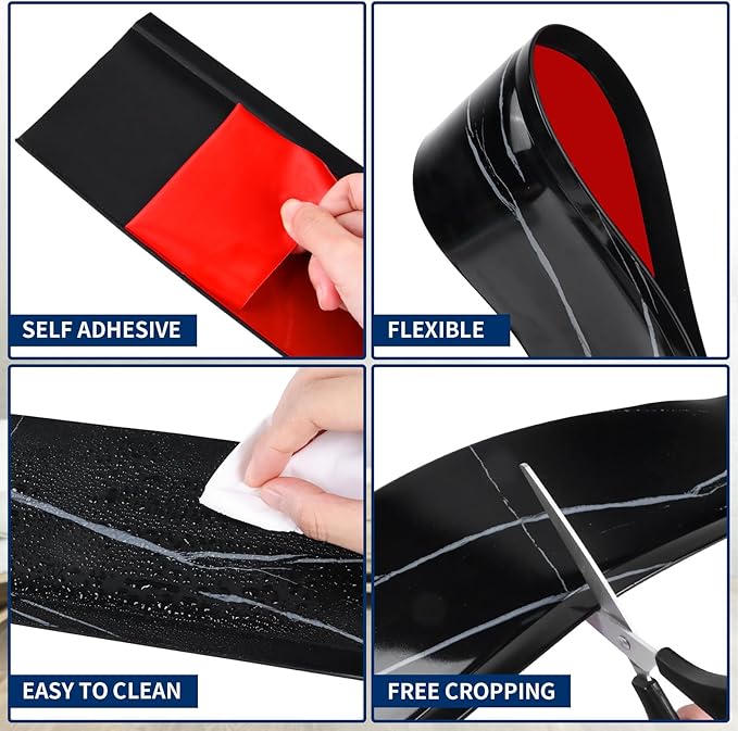 Flexible Baseboard Molding Trim 4 Inch Self-Adhesive Vinyl Wall Base Peel and Stick Cove Base Rubber Wall Baseboard Moulding Trim (60Ft, Black Stone)