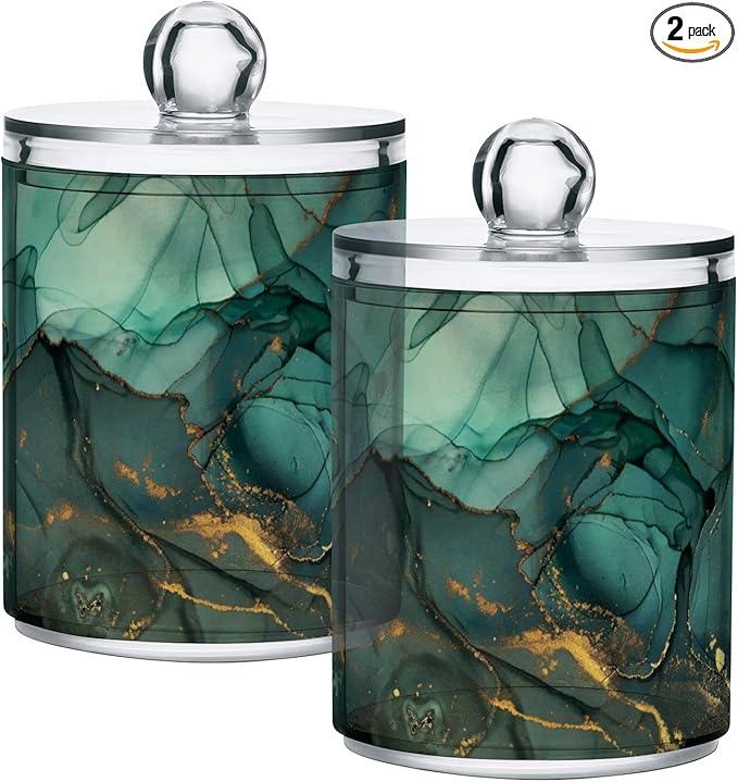 MNSRUU 2 Pack Qtip Holder Organizer Dispenser Turquoise Green Marble Bathroom Storage Canister Cotton Ball Holder Bathroom Containers for Cotton Swabs/Pads/Floss