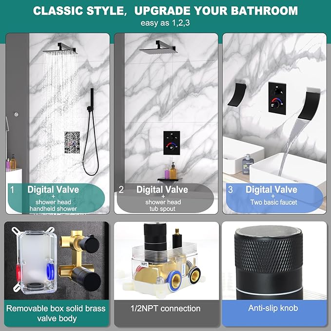 Digital Shower Valve 3 Way Diverter Temperature Display Shower Mixer 3-Function Brass Rough-in and Rectangle Black Trim Kit
